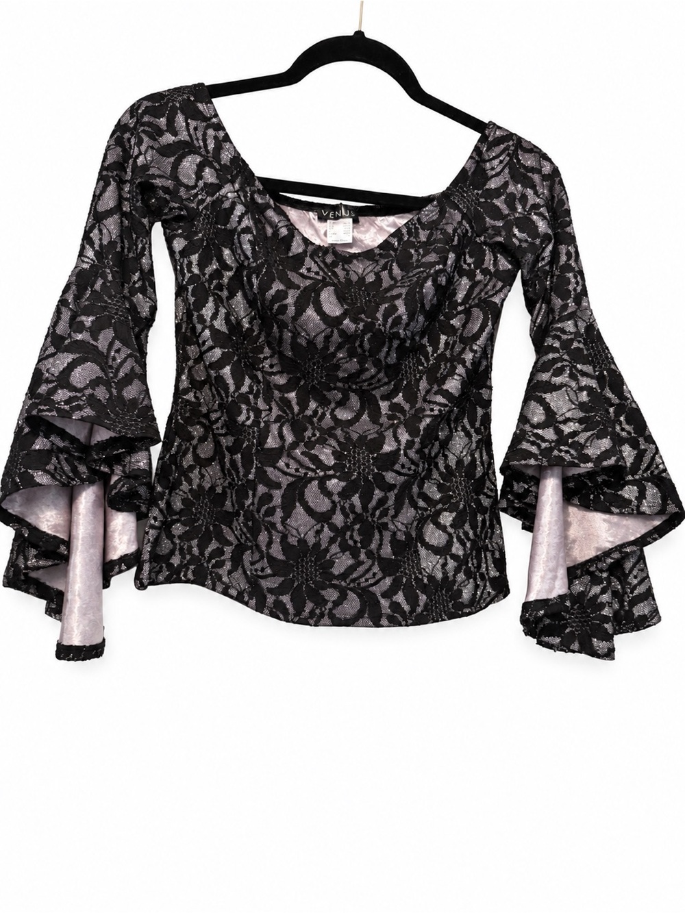 VENUS Black Lace Layered Bell-Sleeve Top